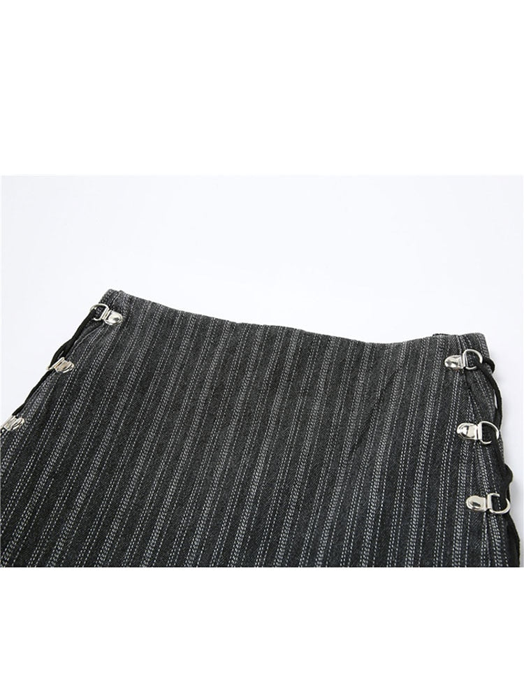 Pleated Skirt Women High Waist Grey Stripe Bandage Mini Skirts
