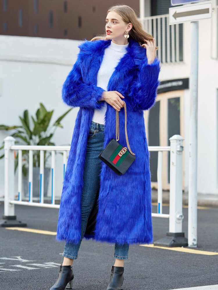 High Street Luxury Long Faux Fur Coat Women Vintage Slim Red Pink Faux fur