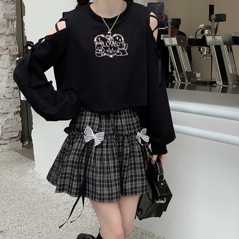 Kawaii Gothic Lolita Plaid Skirt Women Goth Bow Black High Waist A-line