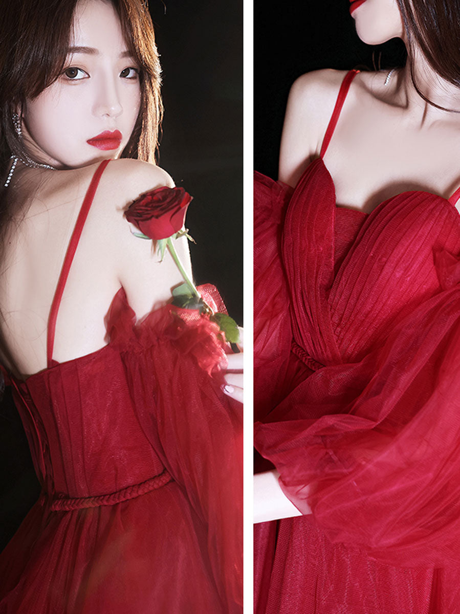 Homecoming Dresses: Red Prom Dresses Short Tulle A Line Off Shoulder 3/4 Sleeves