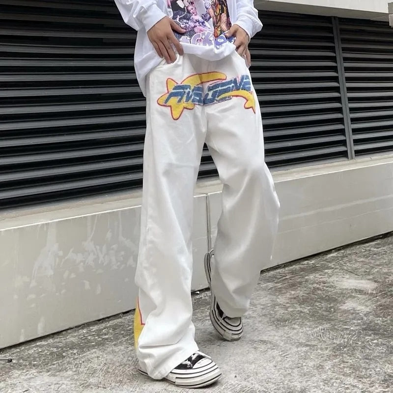 Y2K Retro Embroidered Denim Trousers Men High Street Wide Leg Pants
