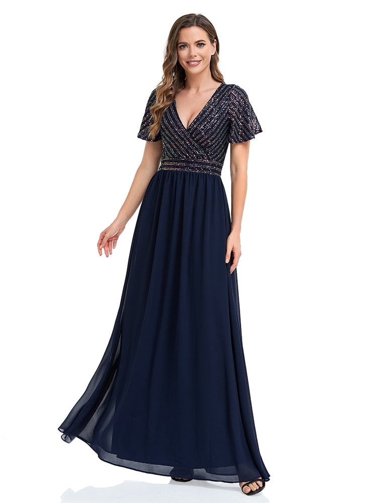 Homecoming Dresses: Women short sleeved V-neck Sequin stitched Chiffon A-line