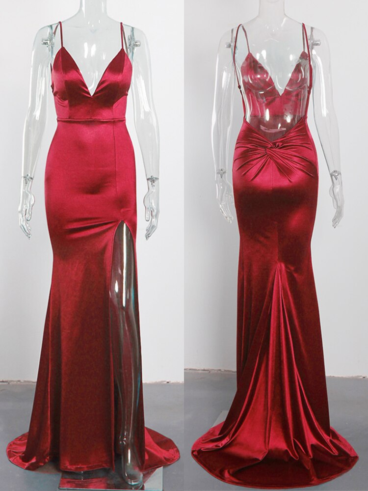 Evening wear Dresses: Red Evening Gown Strappy Split Leg Floor Length Long