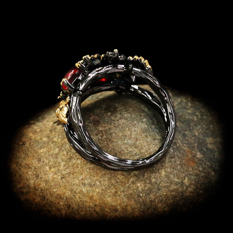 Exquisite Leaf Flower Color Zircon Ladies Women Ring Jewelry Black Gold