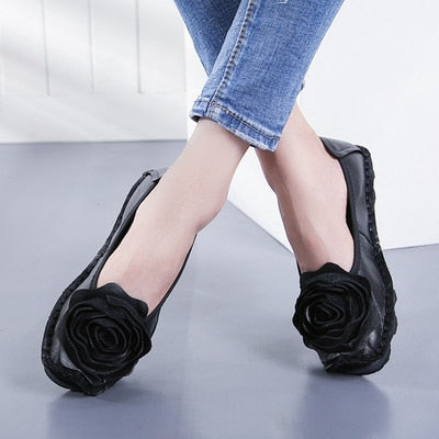 Flower Design Round Toe Solid Color Flat Shoes Vintage Genuine Leather
