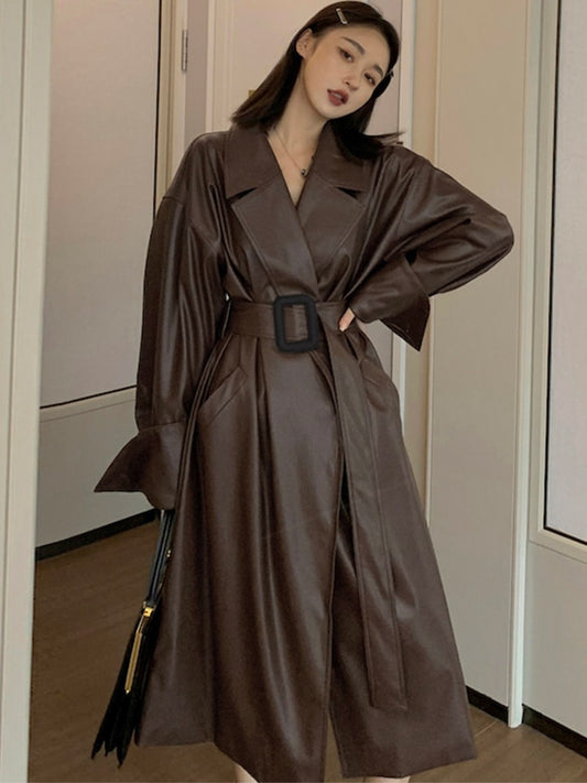 Autumn Long Oversized Brown Faux Leather Trench Coat for Women