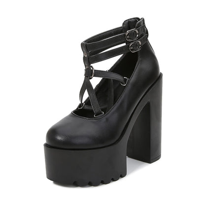Fashion Women Pumps High Heels Zipper Rubber Sole Black Platform Shoes