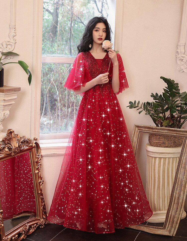 Homecoming Dresses: Women Elegant Evening Gown Flare Short Sleeves Luxury Prom