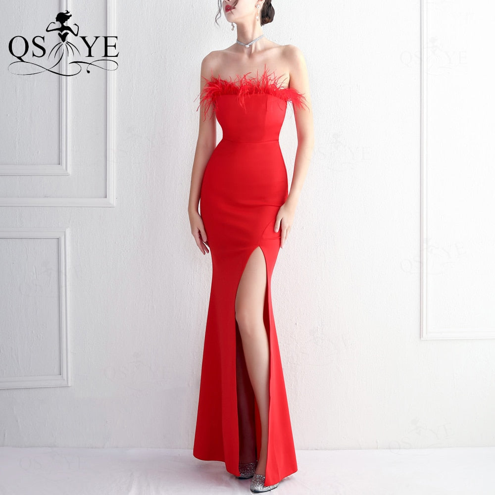 Homecoming Dresses: Prom Dresses Ostrich Feather Stretch Mermaid Evening Gown