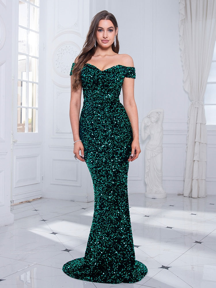 Evening wear Dresses: Off The Shoulder Mermaid Evening Gown Red Stretchy Velvet