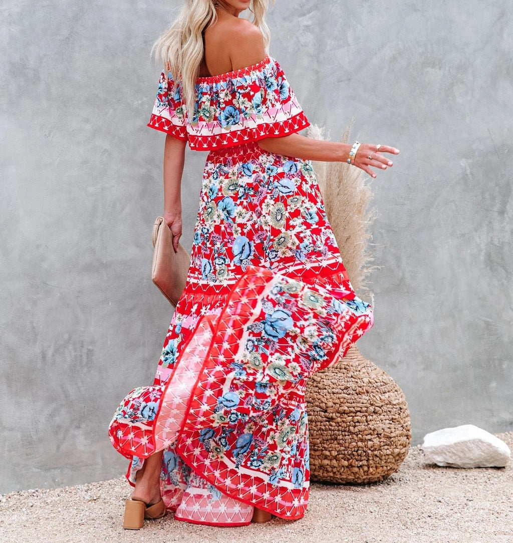 Summer Print Vintage Long Dresses For Women Sexy Off-Shoulder Ruffle Fashion Boho Party Maxi Dress Ladies Beach Sundress