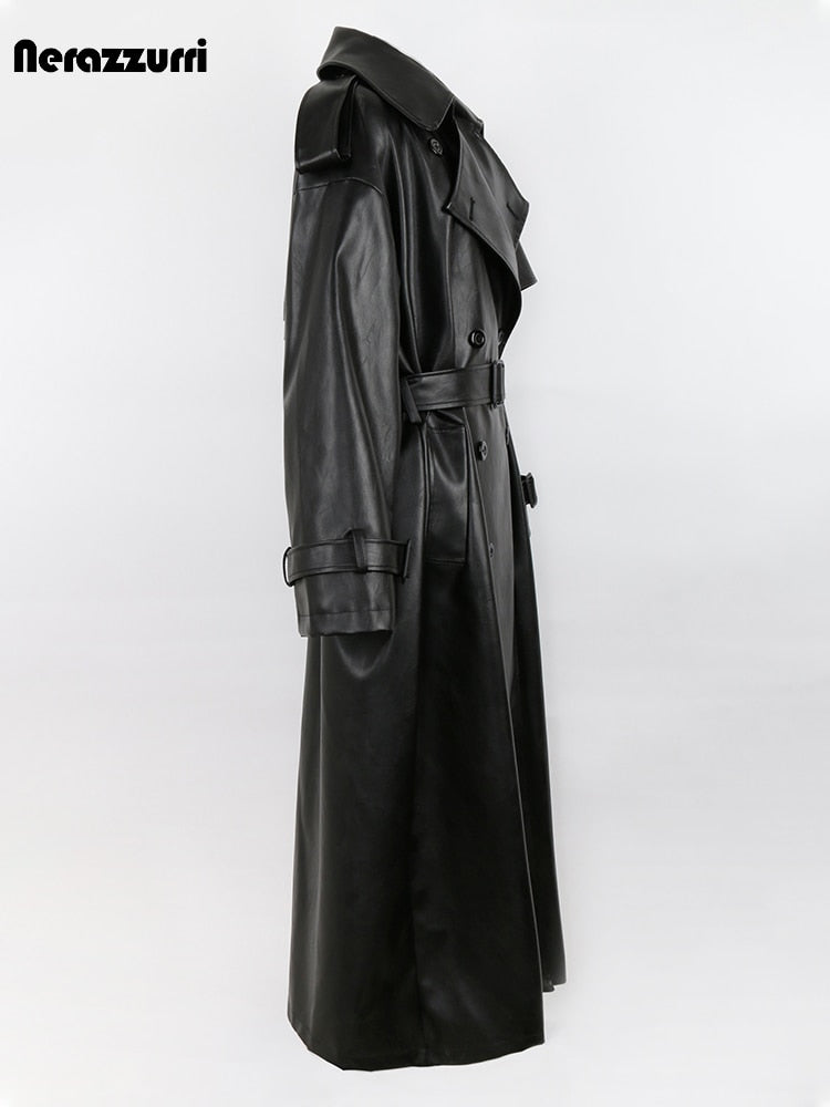 Spring Autumn Long Oversized Black Pu Leather Trench Coat