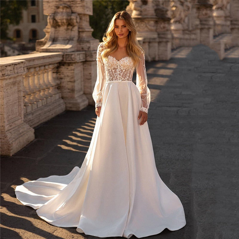 White Bridesmaid Dresses: Wedding Dresses A Line Top Lace Long Sleeve Satin