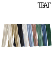 Women Chic Fashion Office Wear Straight Pants Vintage High Waist Zipper