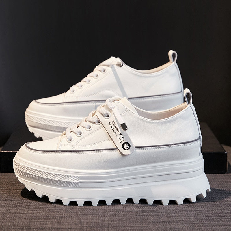 Genuine Leather Platform Wedge Shoes Chunky Sneaker White Casual Shoes Comfortable