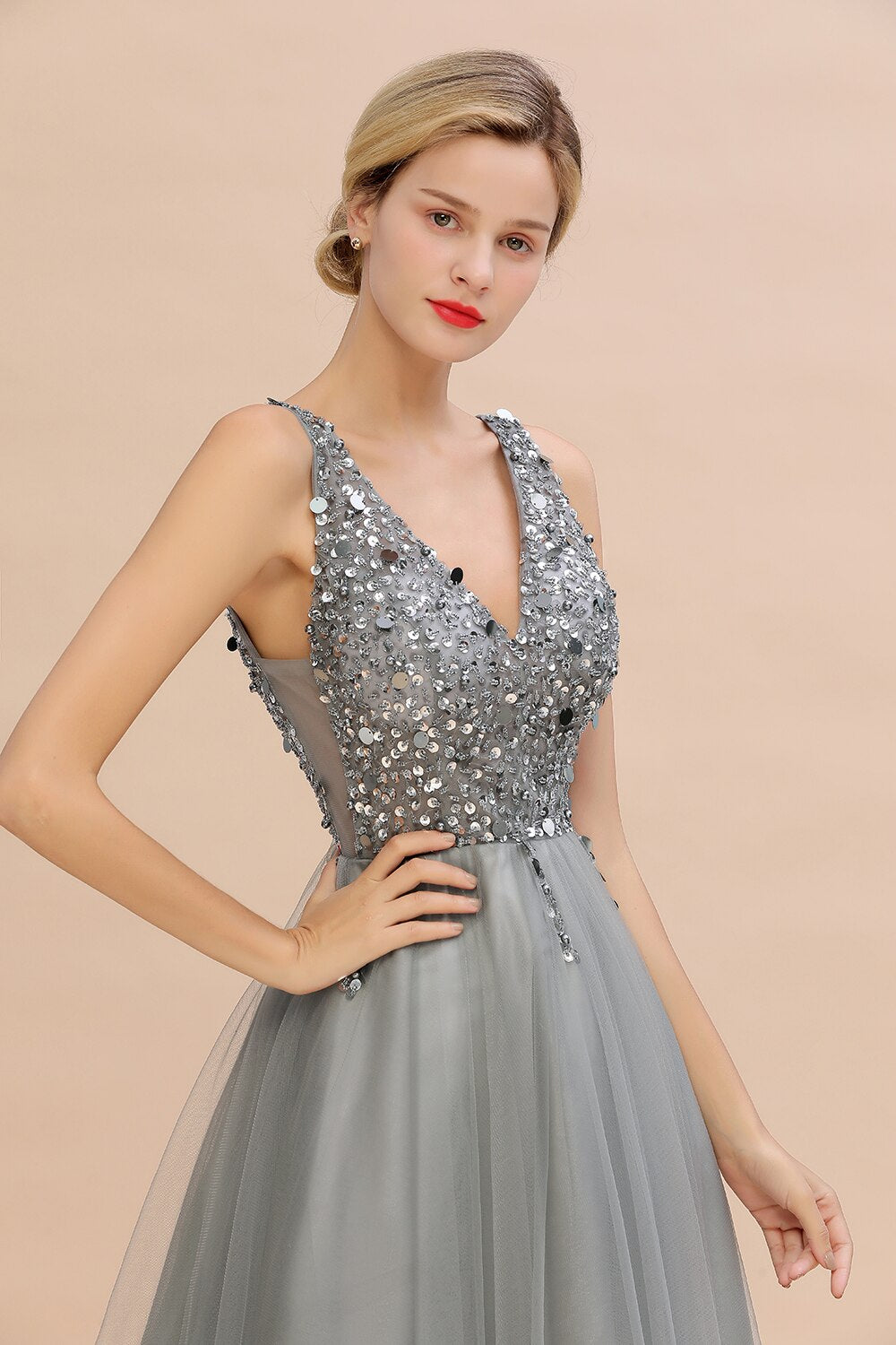 Homecoming Dresses: Deep V Neck Prom Dresses Sequins Beads Tulle Evening Dress