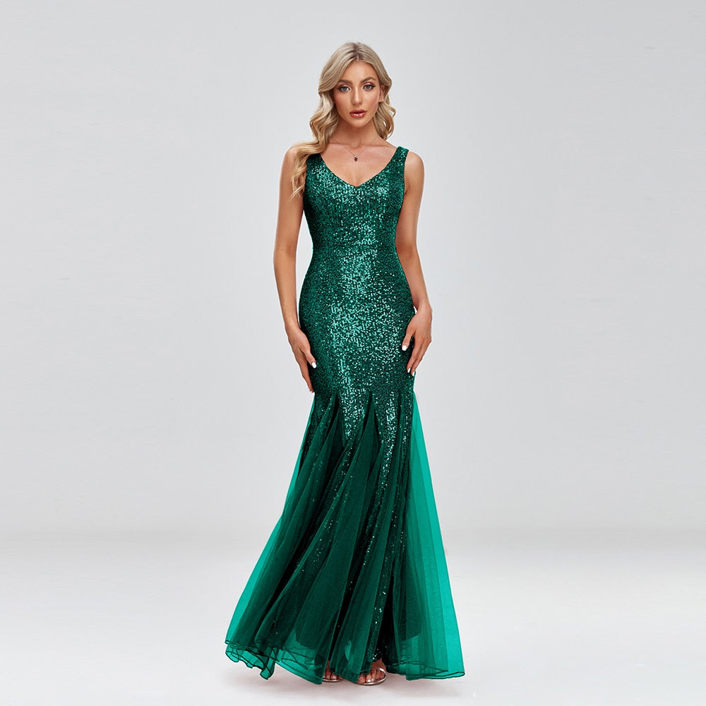 Evening wear Dresses: Women Elegant Double V-neck Cocktail  Dress Mermaid