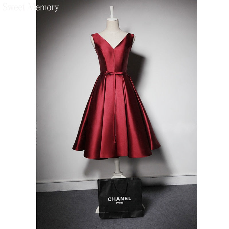 Homecoming Dresses: V-Neck Wine Red Satin Prom Dresses Woman Lace Up Wedding