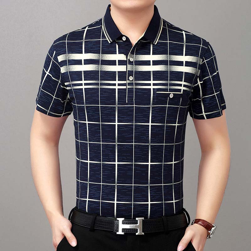 Polo Shirt Men Short Sleeve Polos Shirts Plaid Slim Fit Mens Pol