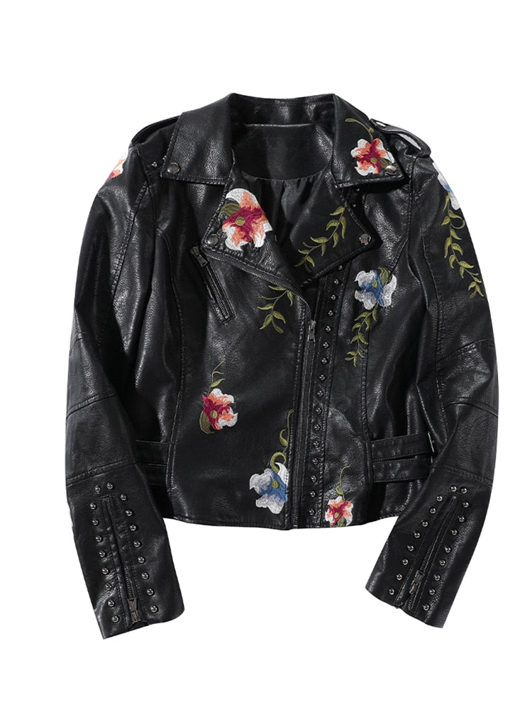 Women Biker Leather Jacket  Floral Print Embroidery Pu Leather Coats