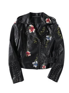 Women Biker Leather Jacket  Floral Print Embroidery Pu Leather Jacket