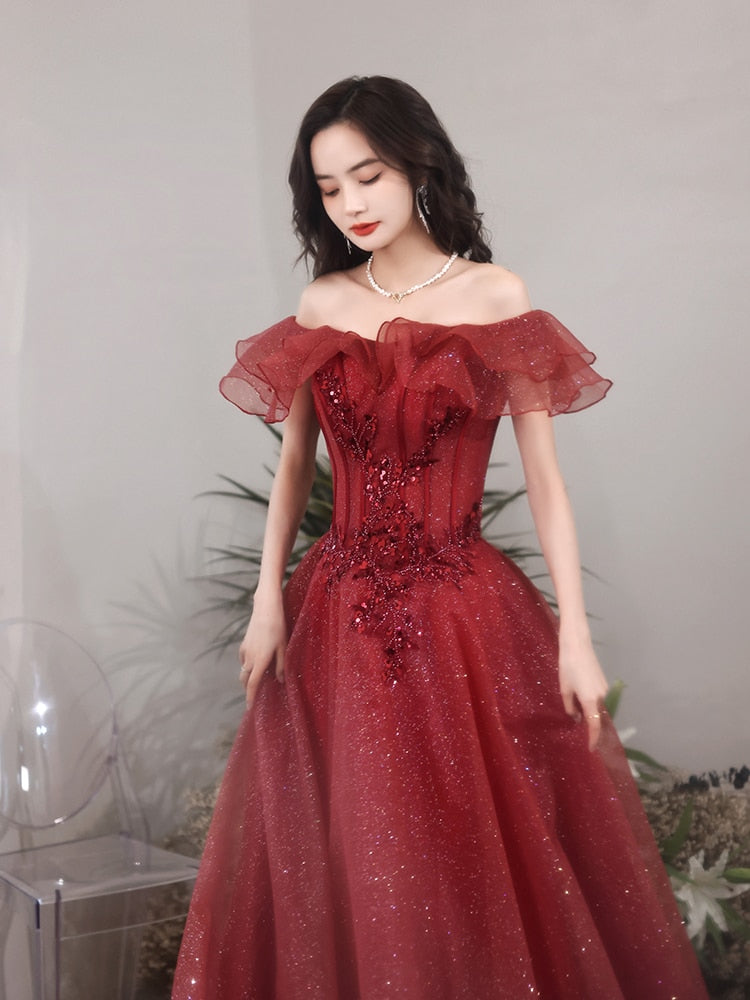 Homecoming Dresses: Beaded Ruffled Prom Dress Off Shoulder A-Line Wind Red Tulle