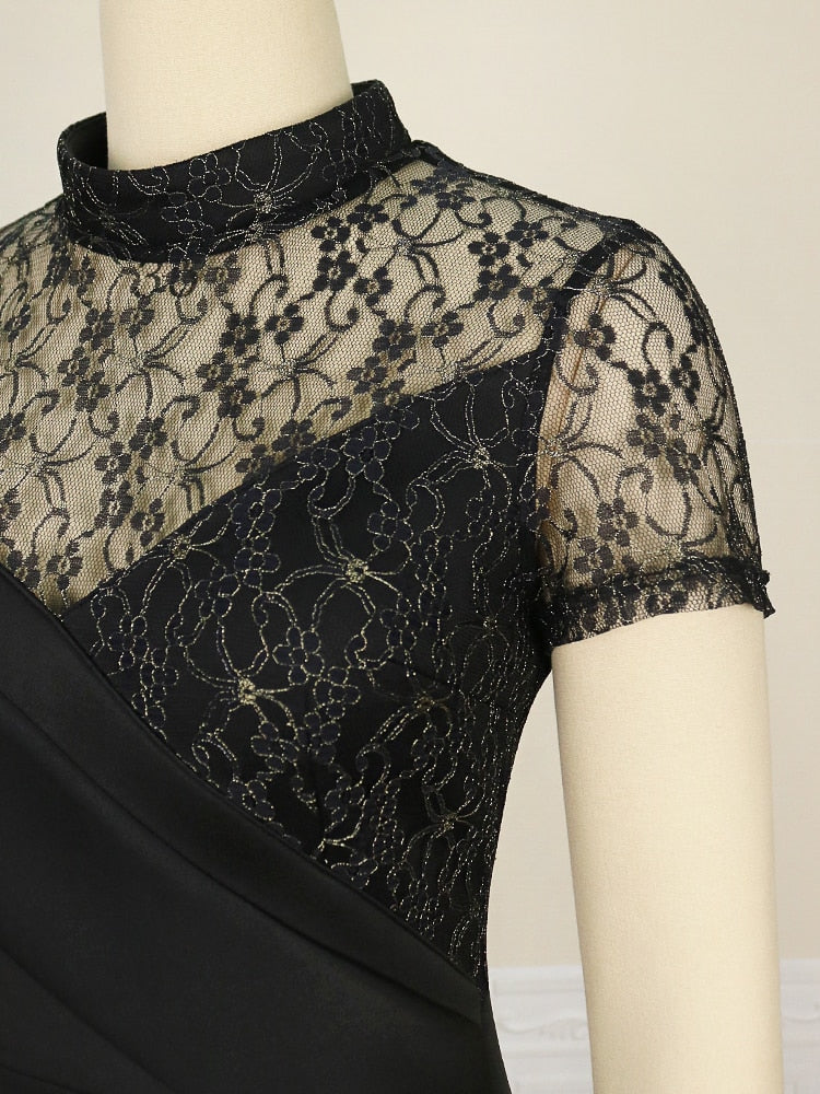 Evening wear Dresses: Black Long Prom Dresses Neck Lace Women Evening