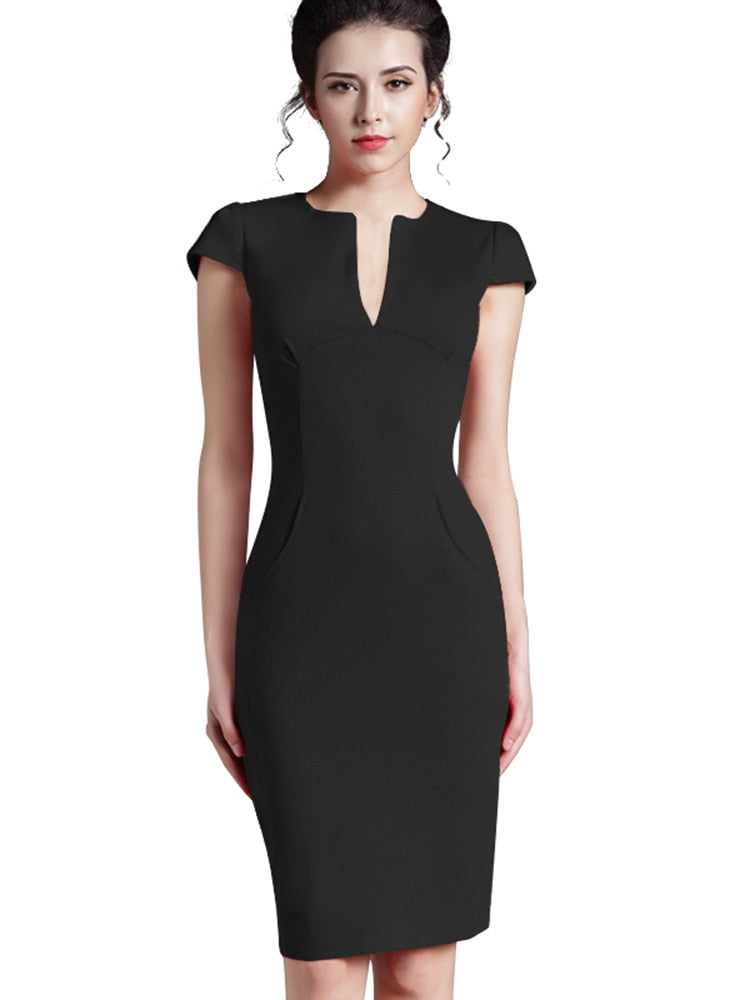 Nice-forever Office Women Vintage Summer Solid Deep V neck Zipper Back Formal