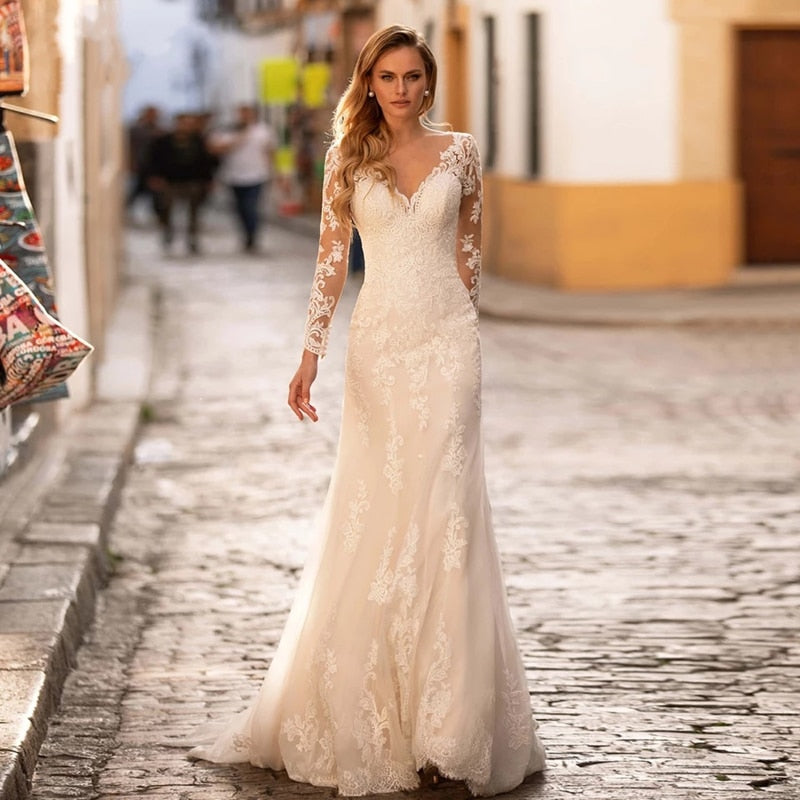 Long Sleeve Lace Mermaid Wedding Dresses  V-Neck Tulle Bridal Gown