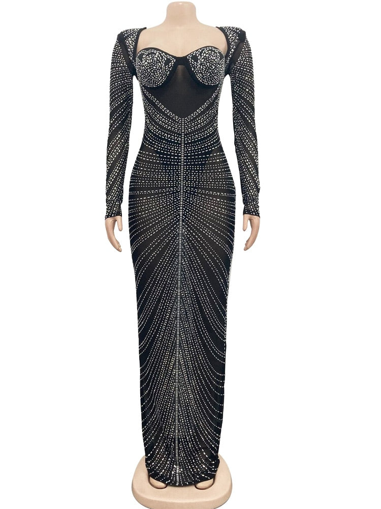 Mesh Rhinestone Crystal Patchwork Maxi Dress Gown Luxury