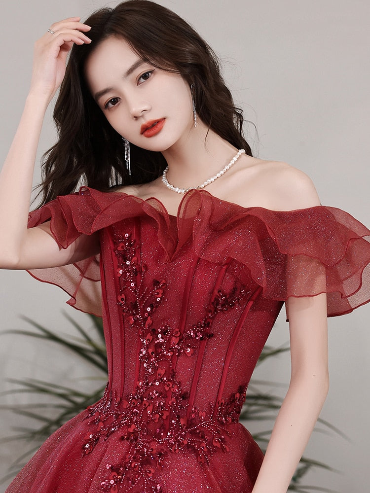 Homecoming Dresses: Beaded Ruffled Prom Dress Off Shoulder A-Line Wind Red Tulle