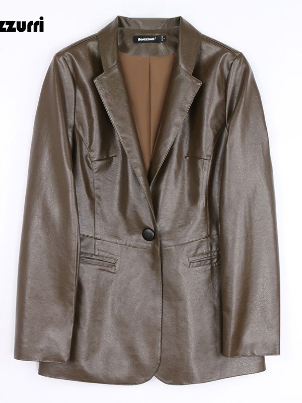 Spring Autumn Black Leather Blazer Women Single Button Slim Fit