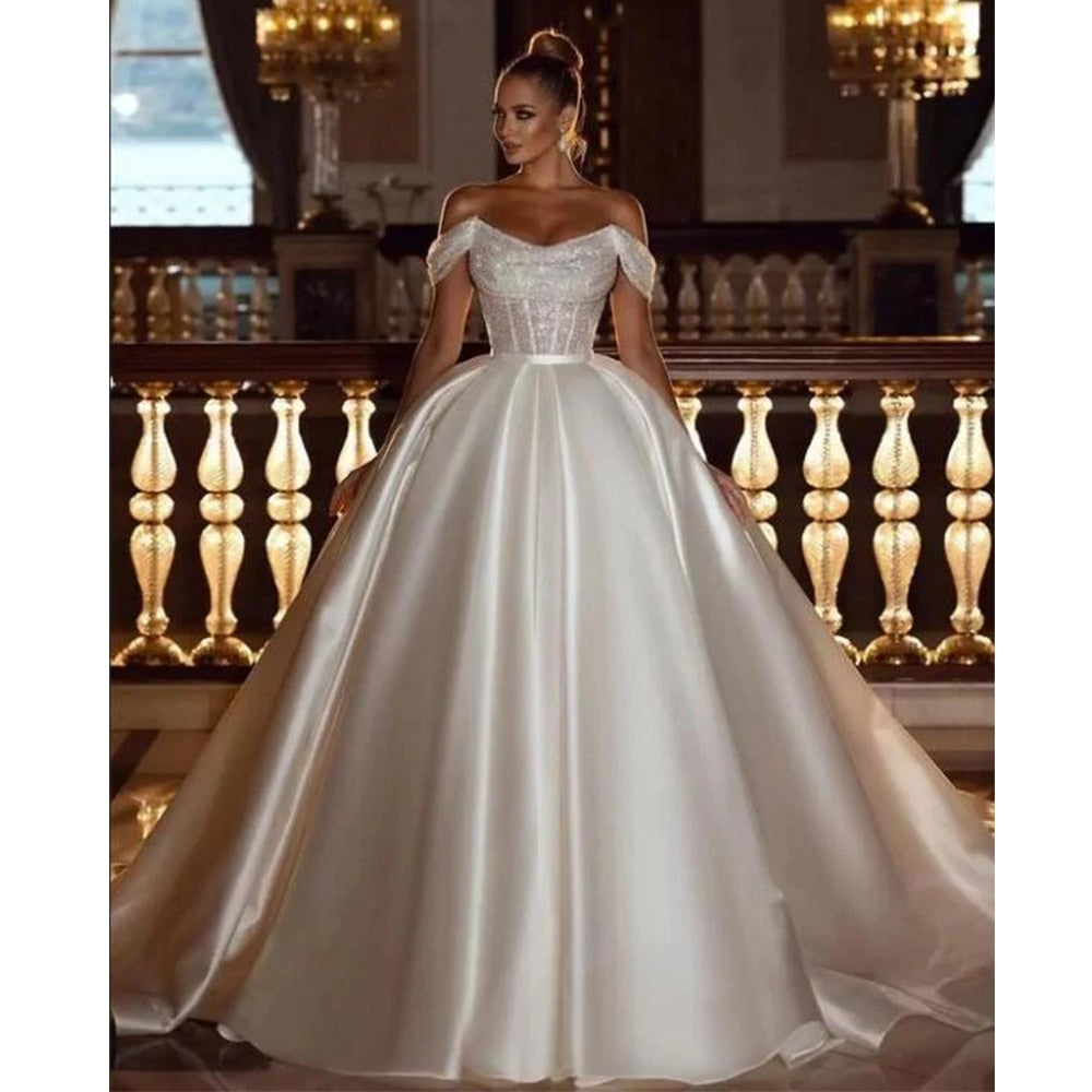 White Bridesmaid Dresses: A-Line Off Shoulder Wedding Dresses Shiny Bohemia