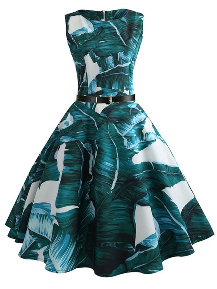 Summer Dress  Women Sleeveless Floral Print Vintage Dress Retro 50s 60s Robe