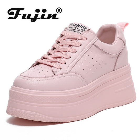 Fujin 8cm Genuine Leather Women Casual Shoes Chunky Sneakers Platform Wedge
