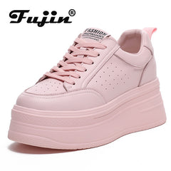 Fujin 8cm Genuine Leather Women Casual Shoes Chunky Sneakers Platform Wedge Hidden Heel Women Leisure Shoes Spring Autumn White