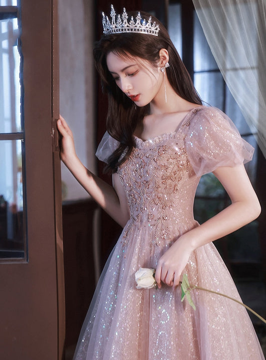 Pink Women Prom Dress Beading Sequins Puff Sleeve Slim A-Line Banquet