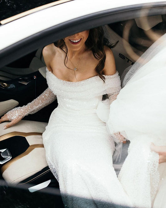White Bridesmaid Dresses: Wedding Dress Long Sleeves Draped Train Long Bridal Gown