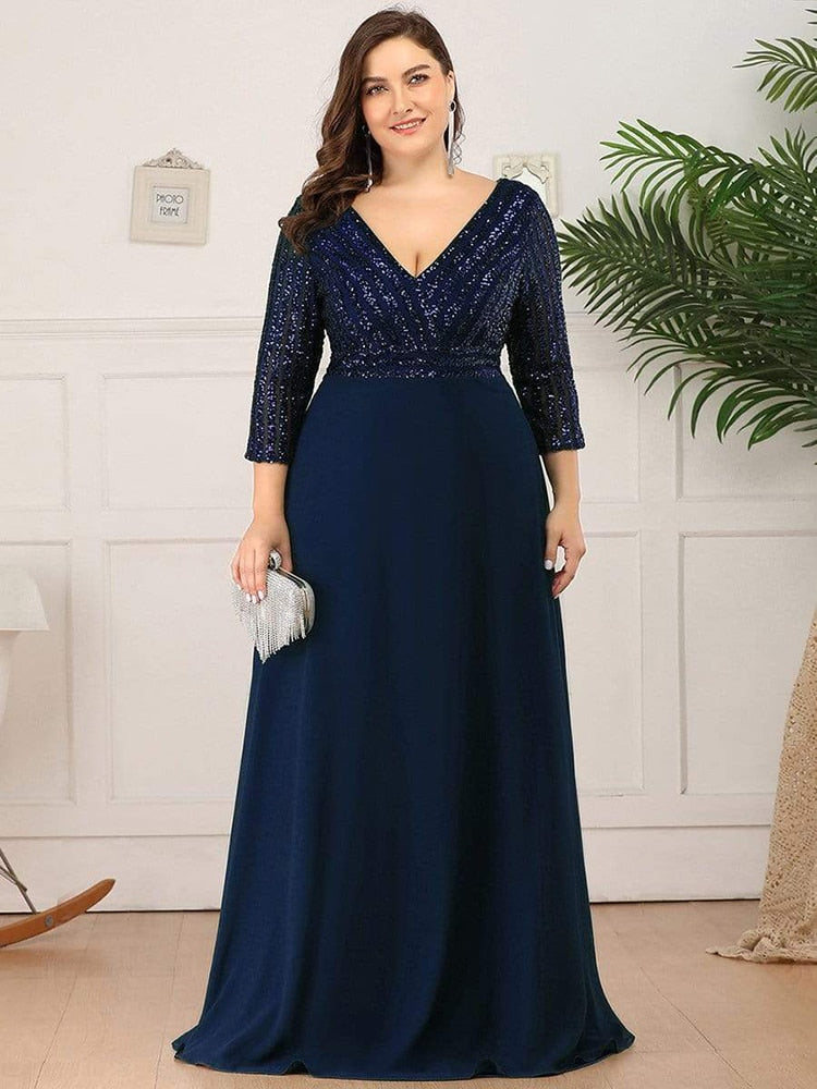 Evening wear Dresses: Plus Size Women Elegant V-neck Half Sleeve Sequin