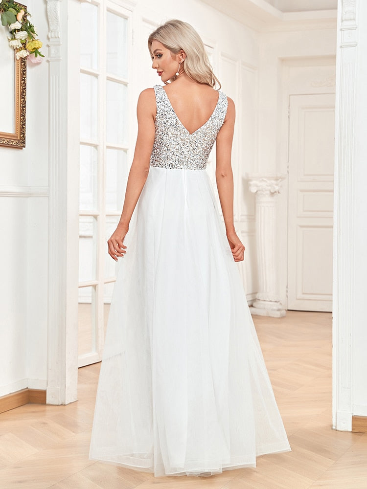 Evening wear Dresses: V-Neck Sleeveless Sequin Floor Length Evening Dress White