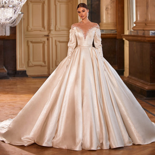 White Bridesmaid Dresses: Long Sleeve Satin Wedding Dress Beading Pearls Back