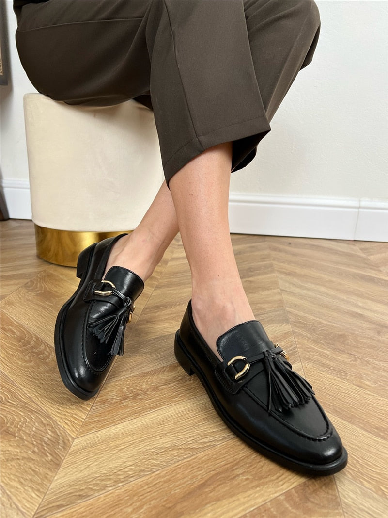 Women Loafers Genuine Leather Flat Shoes Metal Decoration