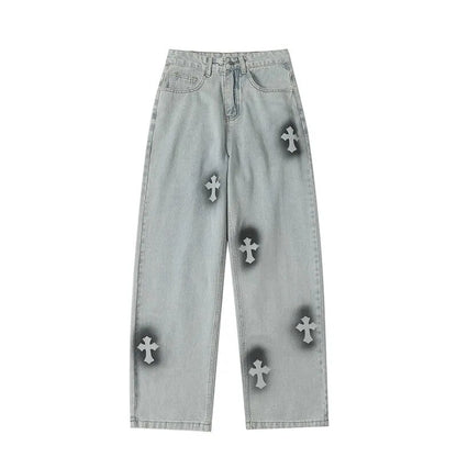 Men Streetwear Fashion Baggy Trousers Cross Hiphop Mens Loose Jeans Pants