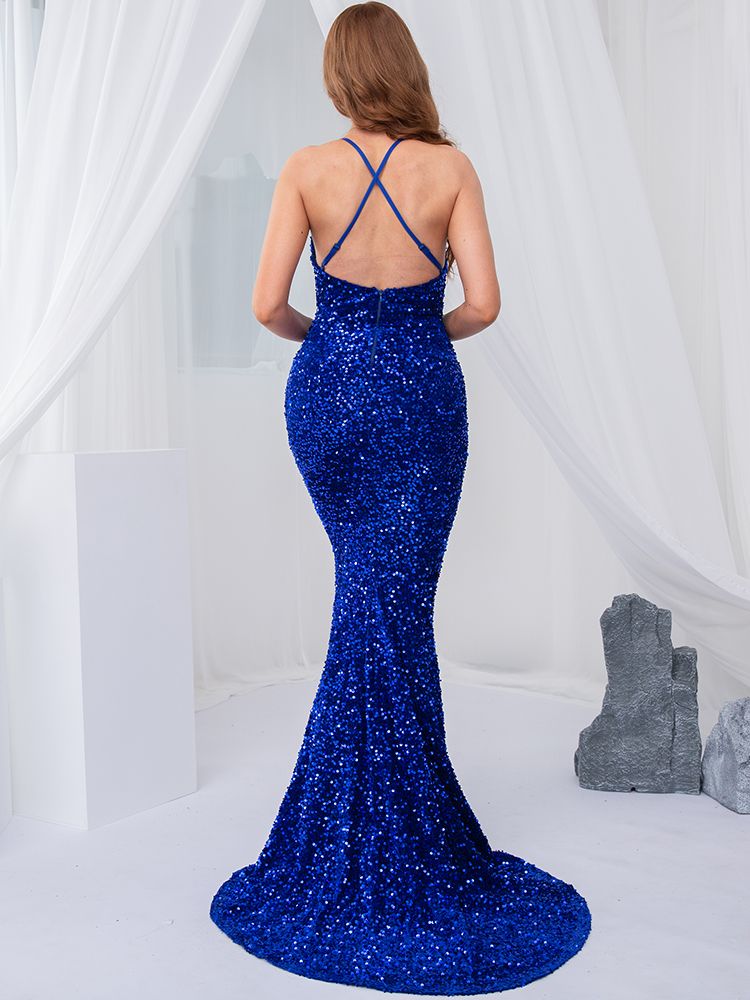 Homecoming Dresses: Backless Cross Sequin Mermaid Prom Gown Stretch Velvet Slip
