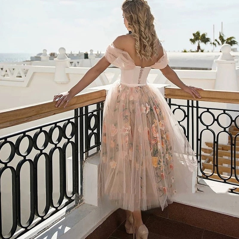 Evening wear Dresses: Prom Dresses Flower Lace Short Party Dress Off Shoulder