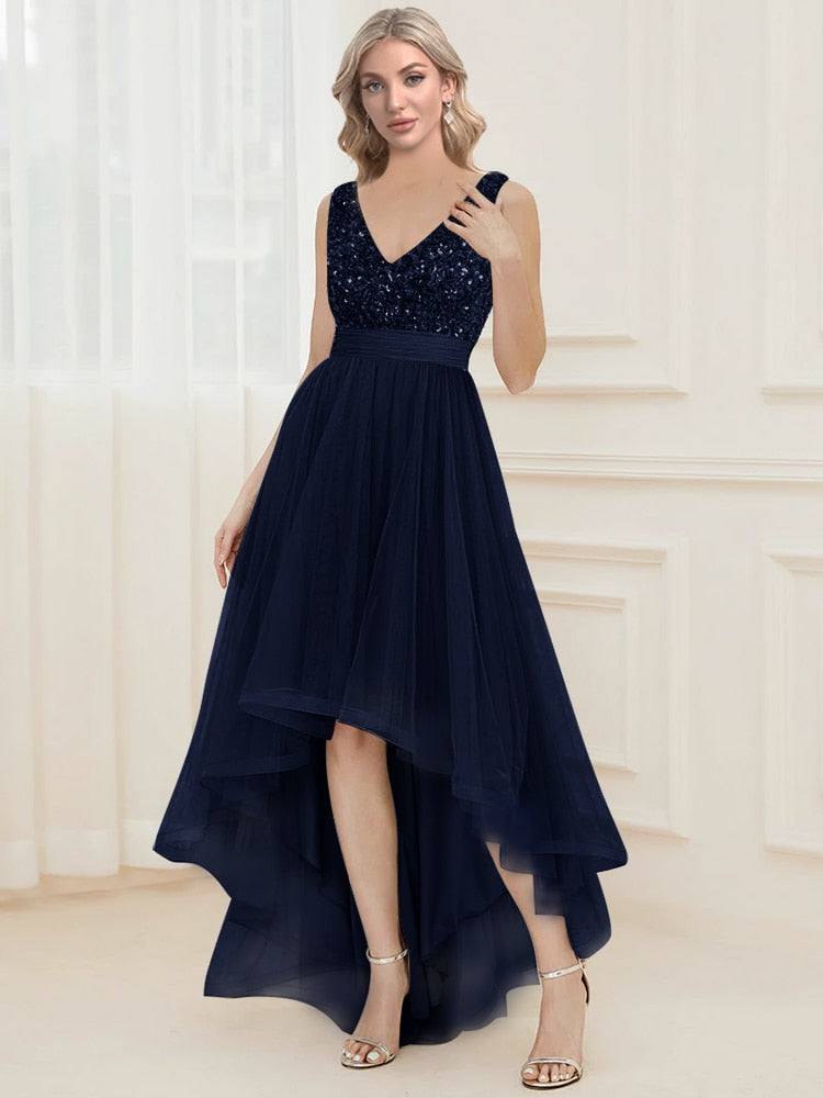 Evening wear Dresses: V-Neck Sleeveless Sequin Floor Length Evening Dress Red