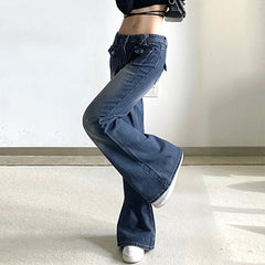 Low Waist Denim Jeans women Vintage Cute Chic Straight Pants wide leg