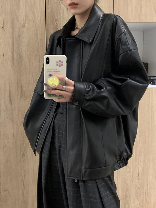 Spring Autumn Cool Retro Casual Oversized Black Waterproof Soft