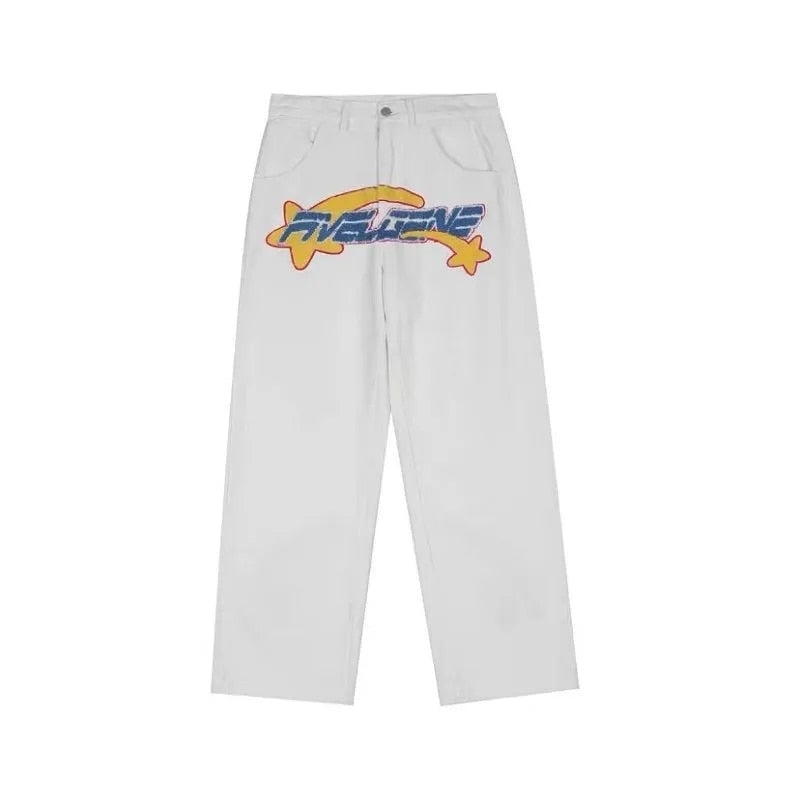 Y2K Retro Embroidered Denim Trousers Men High Street Wide Leg Pants