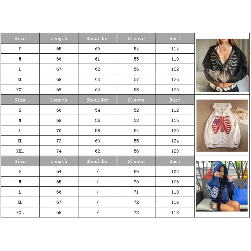 Rhinestone Skeleton Hoodies Women Gothic Black Zip Up Oversized